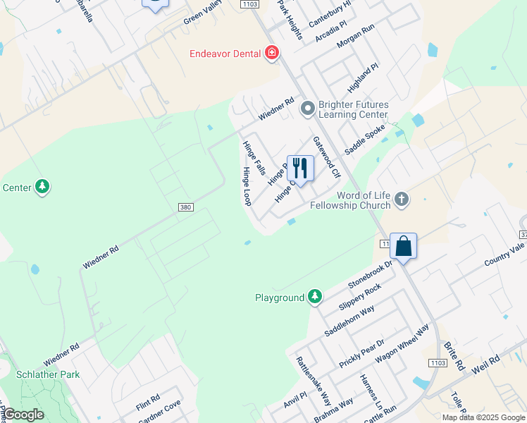 map of restaurants, bars, coffee shops, grocery stores, and more near 264 Hinge Chase in Cibolo
