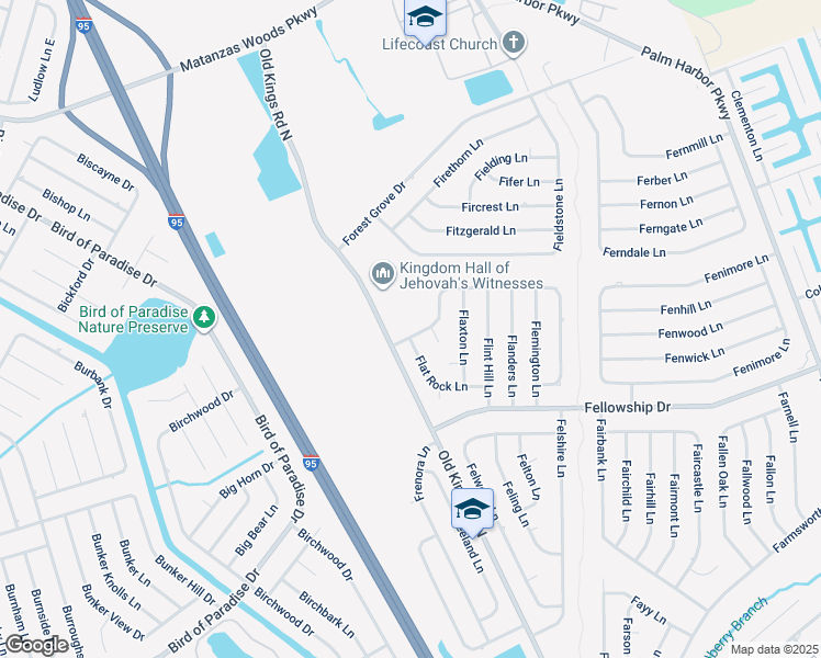 map of restaurants, bars, coffee shops, grocery stores, and more near 5 Flemingwood Lane in Palm Coast