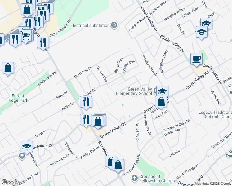 map of restaurants, bars, coffee shops, grocery stores, and more near 1504 Rainy Brook in Schertz