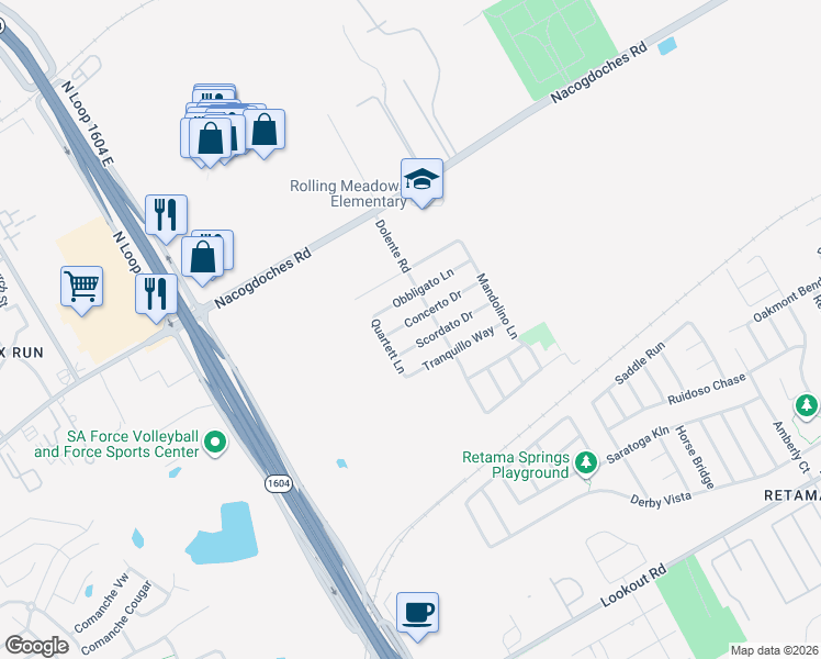 map of restaurants, bars, coffee shops, grocery stores, and more near 7335 Concerto Drive in San Antonio