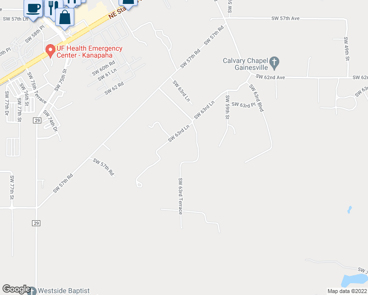map of restaurants, bars, coffee shops, grocery stores, and more near 6397 Southwest 63 Lane in Gainesville