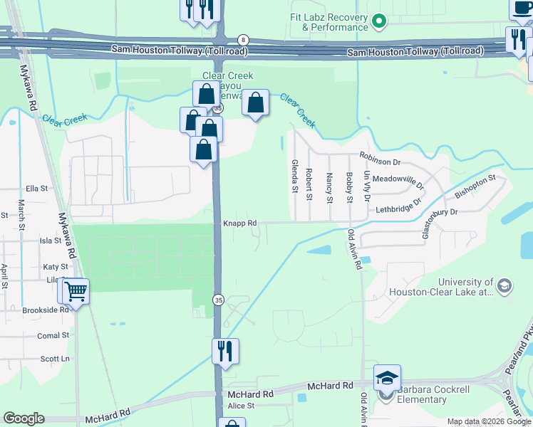 map of restaurants, bars, coffee shops, grocery stores, and more near 1160 Glenda Street in Pearland