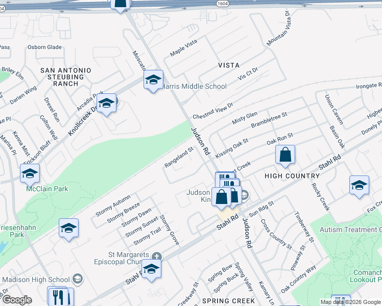 map of restaurants, bars, coffee shops, grocery stores, and more near 16622 Boulder Ridge Street in San Antonio