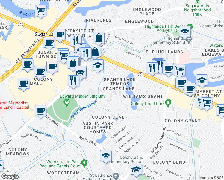 map of restaurants, bars, coffee shops, grocery stores, and more near 2701 Grants Lake Boulevard in Sugar Land