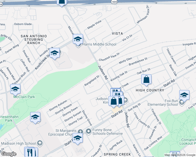 map of restaurants, bars, coffee shops, grocery stores, and more near 5583 Rangeland Street in San Antonio
