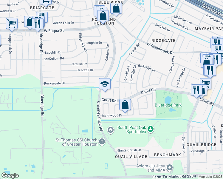map of restaurants, bars, coffee shops, grocery stores, and more near 16218 Knollridge Court in Houston