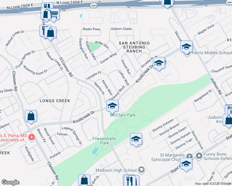 map of restaurants, bars, coffee shops, grocery stores, and more near 15823 Kenna Mist in San Antonio