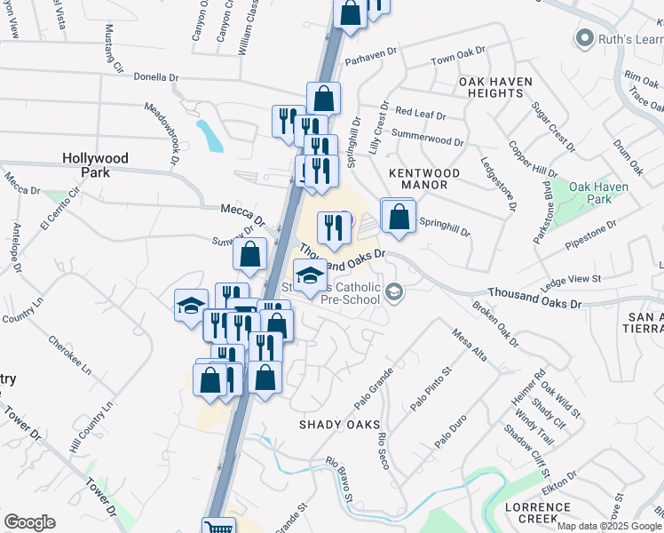map of restaurants, bars, coffee shops, grocery stores, and more near 1550 Thousand Oaks Drive in San Antonio