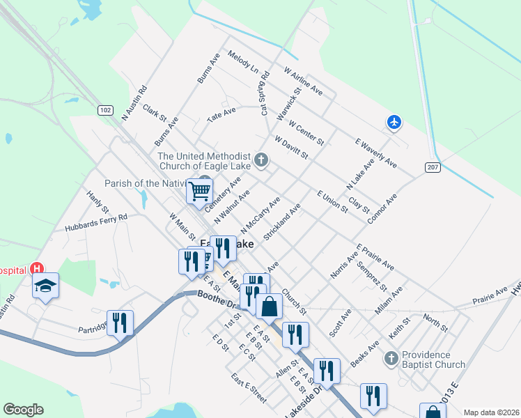 map of restaurants, bars, coffee shops, grocery stores, and more near 104 West State Street in Eagle Lake