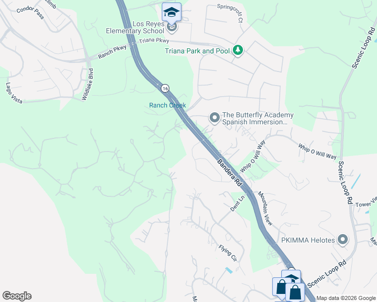 map of restaurants, bars, coffee shops, grocery stores, and more near 16097 Bandera Road in Helotes
