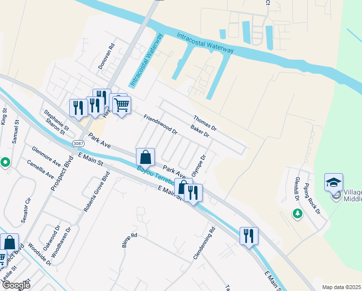 map of restaurants, bars, coffee shops, grocery stores, and more near 7 Kingsridge Loop in Houma