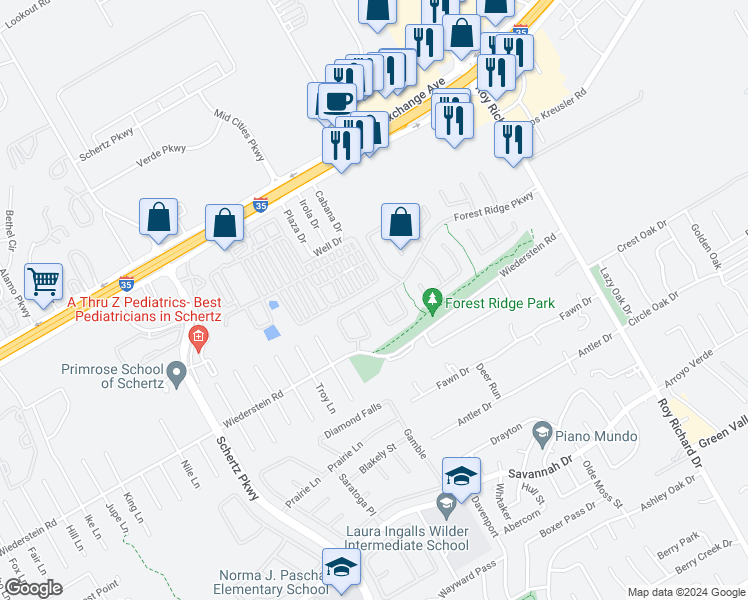 map of restaurants, bars, coffee shops, grocery stores, and more near 4536 Meadow Creek Drive in Schertz