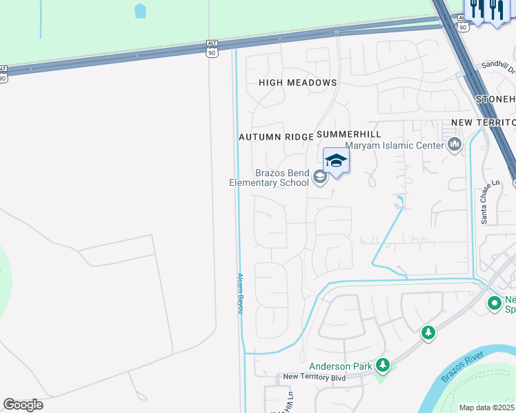map of restaurants, bars, coffee shops, grocery stores, and more near 631 Annie's Way in Sugar Land