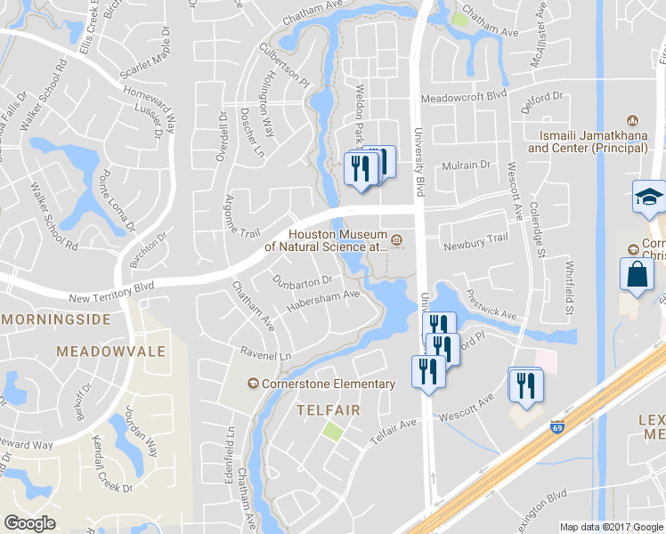map of restaurants, bars, coffee shops, grocery stores, and more near 1410 Pristine Way in Sugar Land