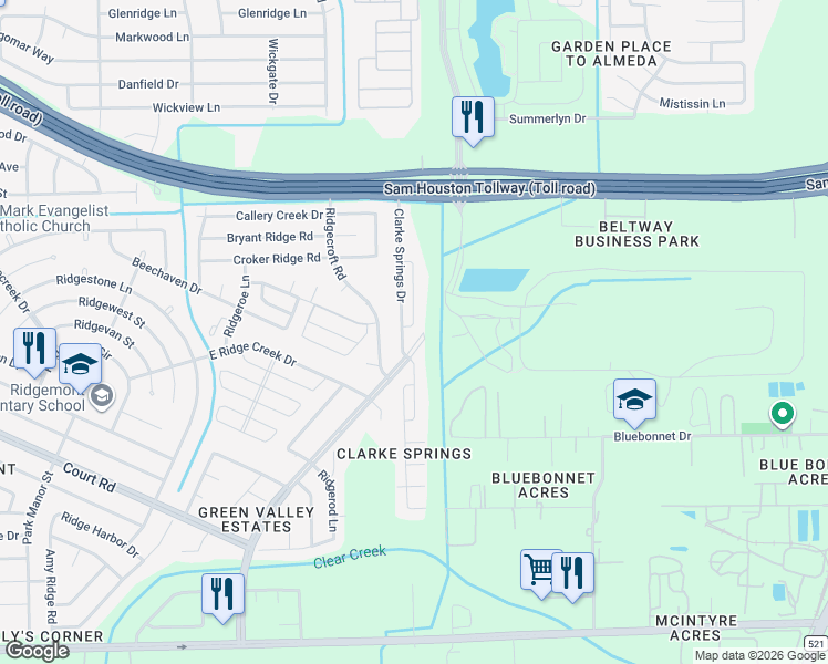 map of restaurants, bars, coffee shops, grocery stores, and more near 15850 Clarke Springs Drive in Houston