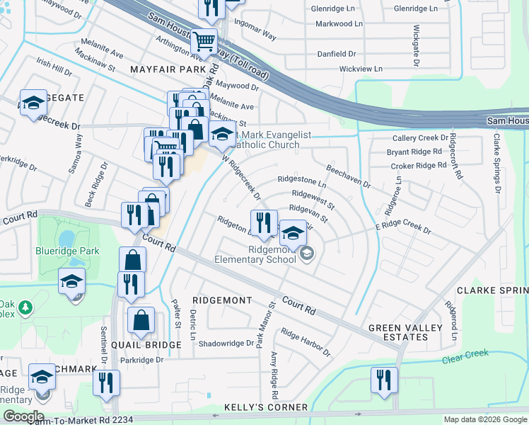 map of restaurants, bars, coffee shops, grocery stores, and more near 5234 Ridgevan Street in Houston