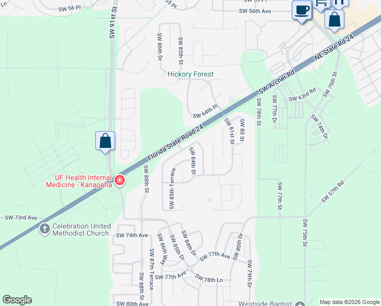 map of restaurants, bars, coffee shops, grocery stores, and more near 5914 Southwest 84th Street in Gainesville