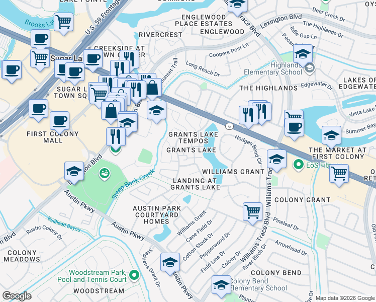 map of restaurants, bars, coffee shops, grocery stores, and more near 2710 Grants Lake Boulevard in Sugar Land