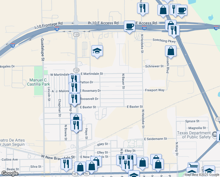 map of restaurants, bars, coffee shops, grocery stores, and more near 528 East Rosemary Drive in Seguin