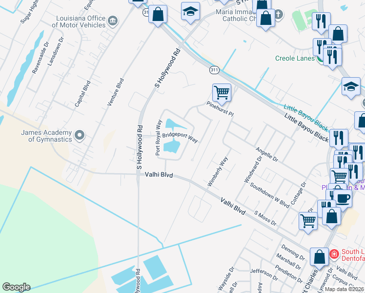 map of restaurants, bars, coffee shops, grocery stores, and more near Bridgeport Way in Houma