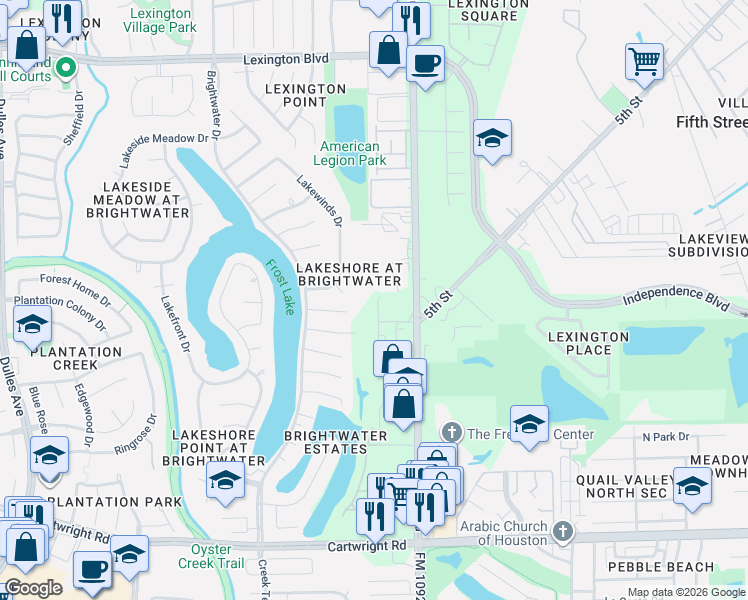 map of restaurants, bars, coffee shops, grocery stores, and more near 4006 Dock Court in Missouri City