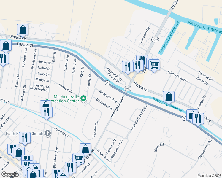 map of restaurants, bars, coffee shops, grocery stores, and more near 9195-9307 East Main Street in Houma