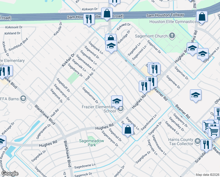 map of restaurants, bars, coffee shops, grocery stores, and more near 10914 Sagemeadow Lane in Houston