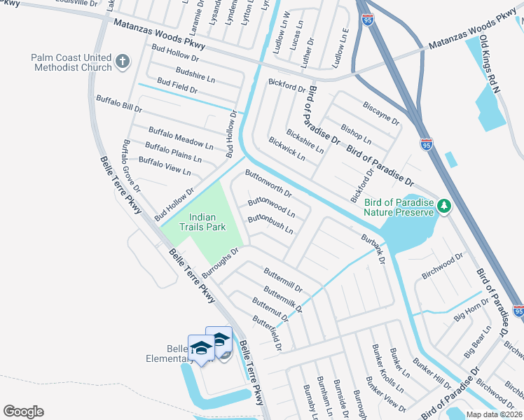 map of restaurants, bars, coffee shops, grocery stores, and more near 18 Buttonbush Lane in Palm Coast