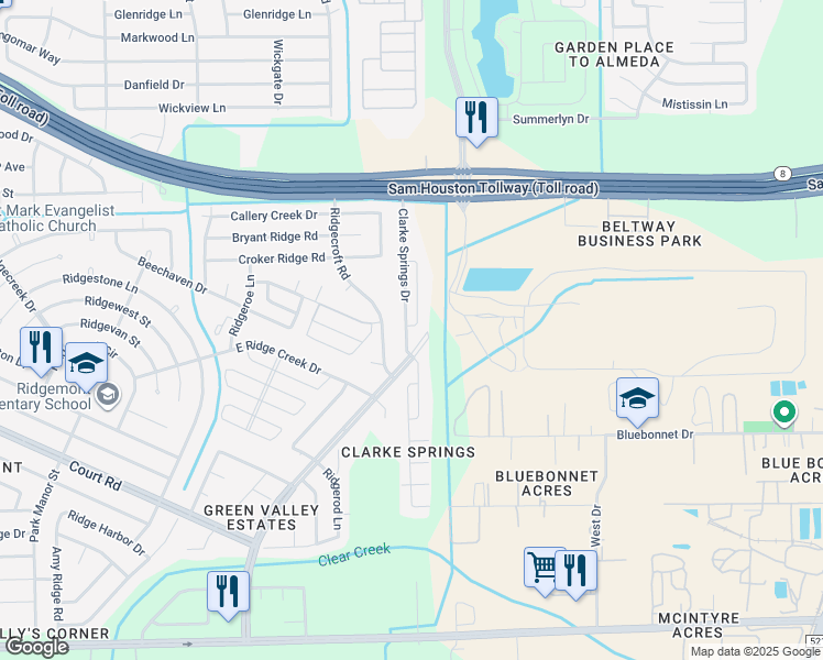 map of restaurants, bars, coffee shops, grocery stores, and more near 15821 Clarke Springs Drive in Houston