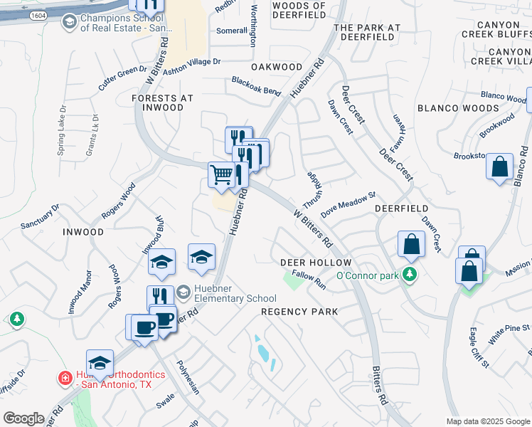 map of restaurants, bars, coffee shops, grocery stores, and more near 16550 Huebner Road in San Antonio