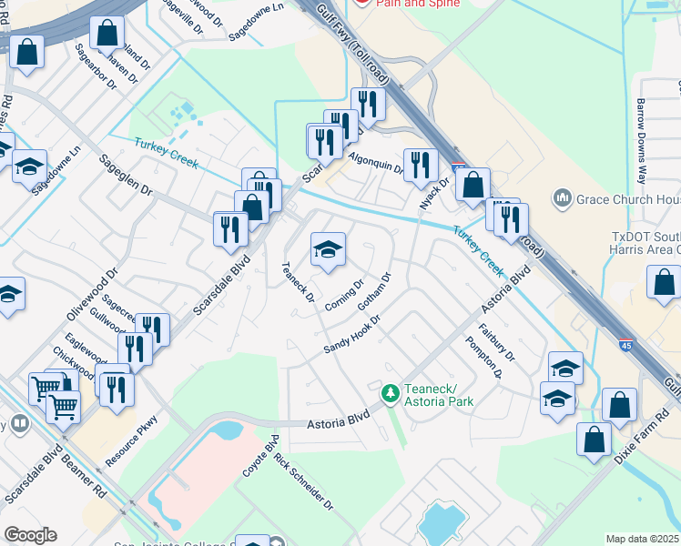 map of restaurants, bars, coffee shops, grocery stores, and more near 11825 Teaneck Drive in Houston
