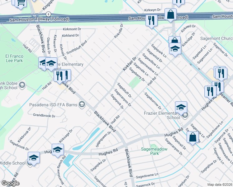 map of restaurants, bars, coffee shops, grocery stores, and more near 10615 Sagecanyon Drive in Houston