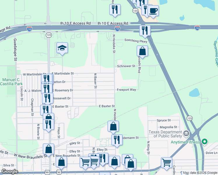 map of restaurants, bars, coffee shops, grocery stores, and more near 815 Patton Drive in Seguin
