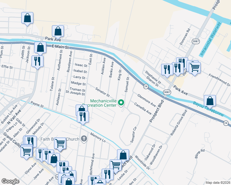 map of restaurants, bars, coffee shops, grocery stores, and more near 140 King Street in Houma