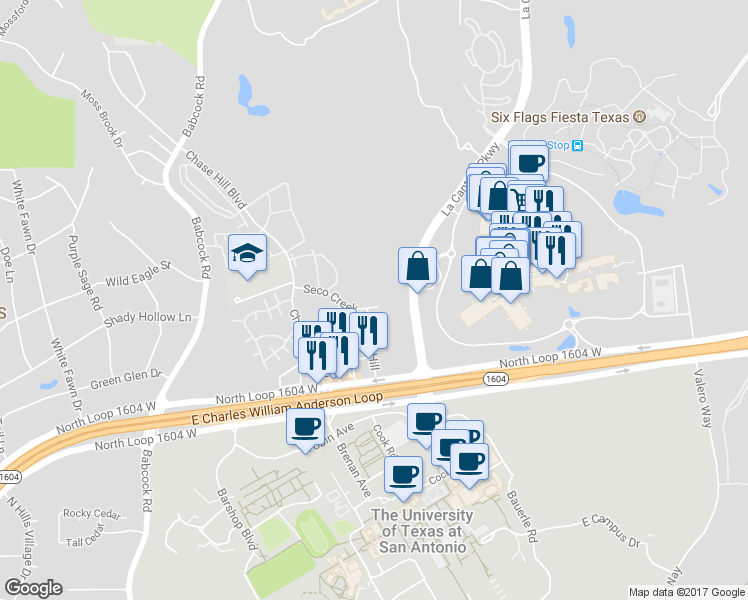 map of restaurants, bars, coffee shops, grocery stores, and more near 15700 Market Hill in San Antonio