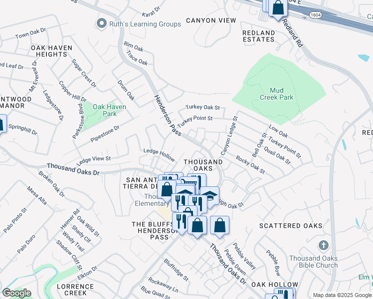 map of restaurants, bars, coffee shops, grocery stores, and more near 16322 Deer Pass Street in San Antonio