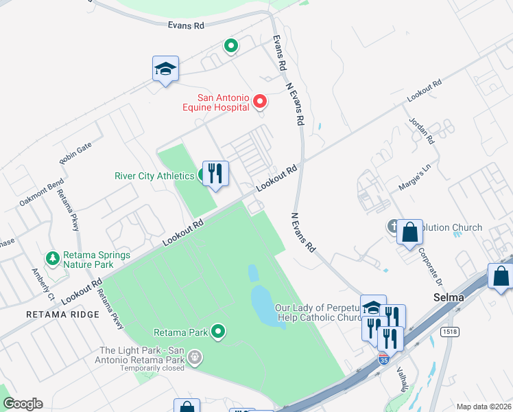 map of restaurants, bars, coffee shops, grocery stores, and more near 16800 Lookout Road in Selma