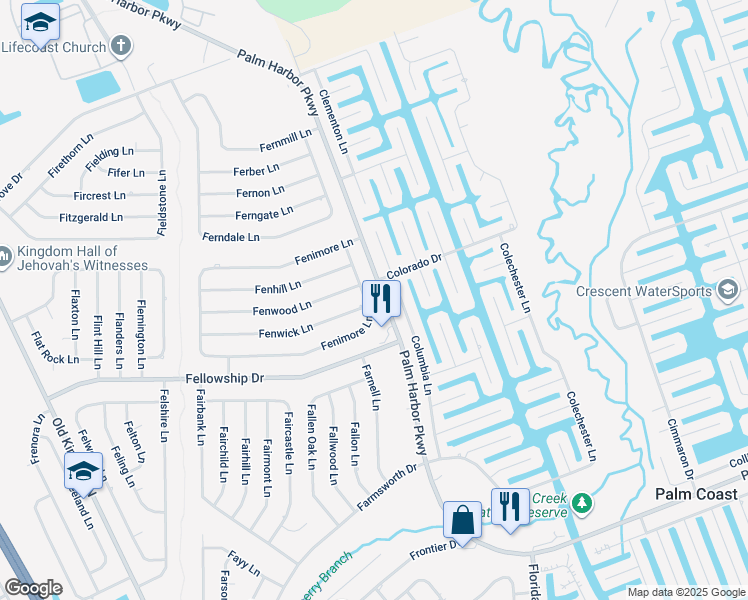 map of restaurants, bars, coffee shops, grocery stores, and more near 154a Fenimore Lane in Palm Coast