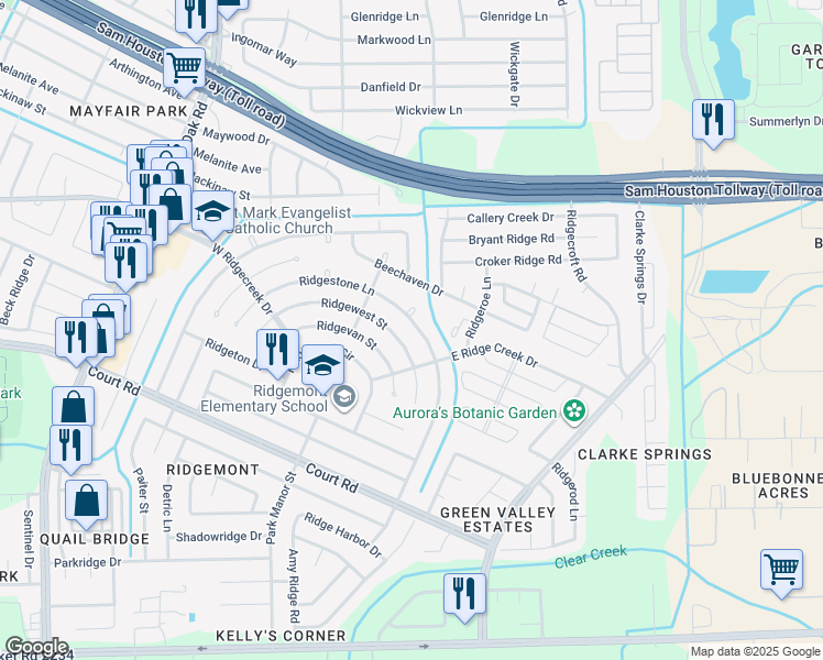 map of restaurants, bars, coffee shops, grocery stores, and more near 5003 Ridgestone Street in Houston