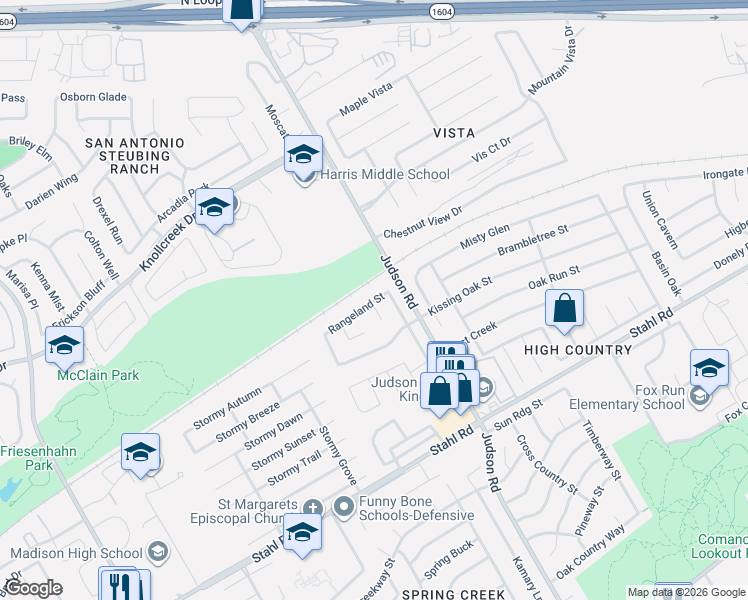 map of restaurants, bars, coffee shops, grocery stores, and more near 5583 Rangeland Street in San Antonio