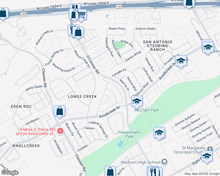 map of restaurants, bars, coffee shops, grocery stores, and more near 4614 Pinehurst Mesa in San Antonio