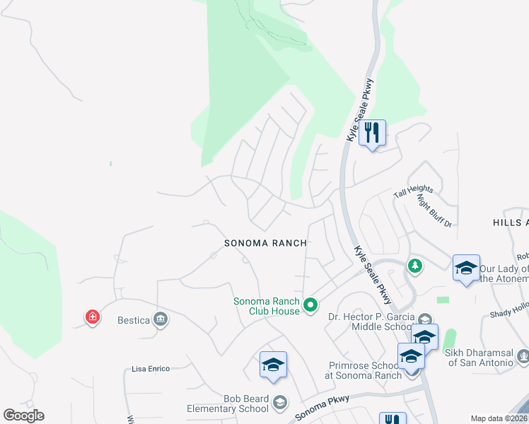 map of restaurants, bars, coffee shops, grocery stores, and more near 15715 Alamogordo in Helotes