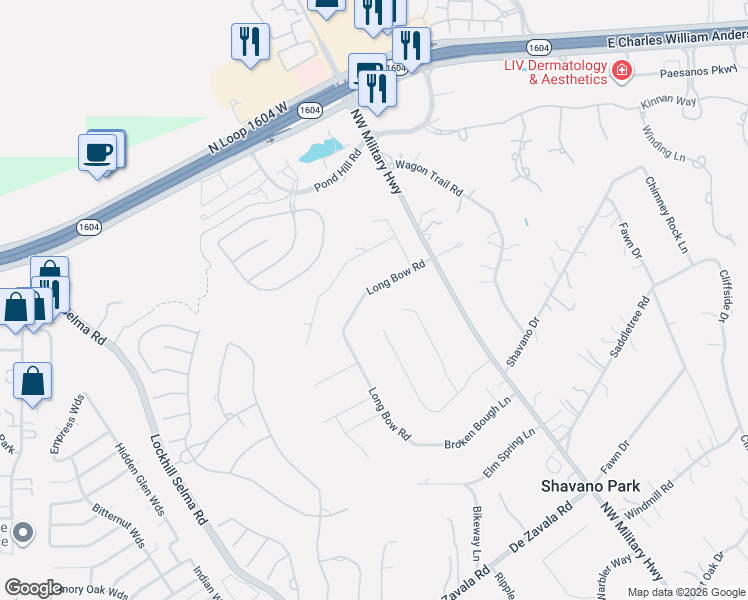 map of restaurants, bars, coffee shops, grocery stores, and more near 110 Long Bow Road in Shavano Park