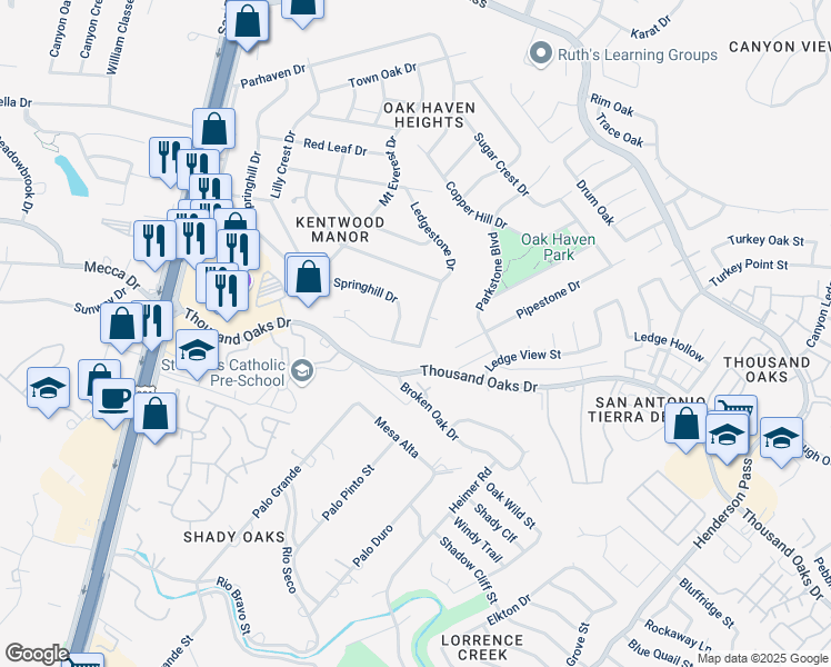 map of restaurants, bars, coffee shops, grocery stores, and more near 16510 Ledgestone Drive in San Antonio
