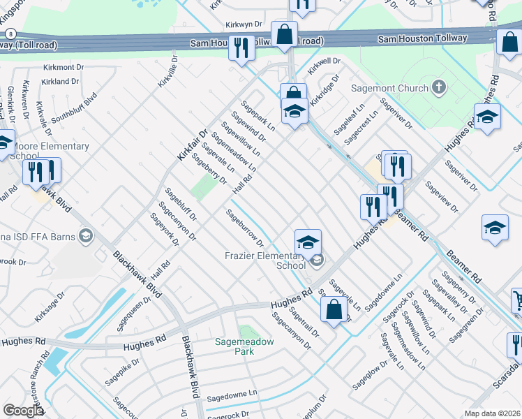 map of restaurants, bars, coffee shops, grocery stores, and more near 10830 Sagevale Lane in Houston