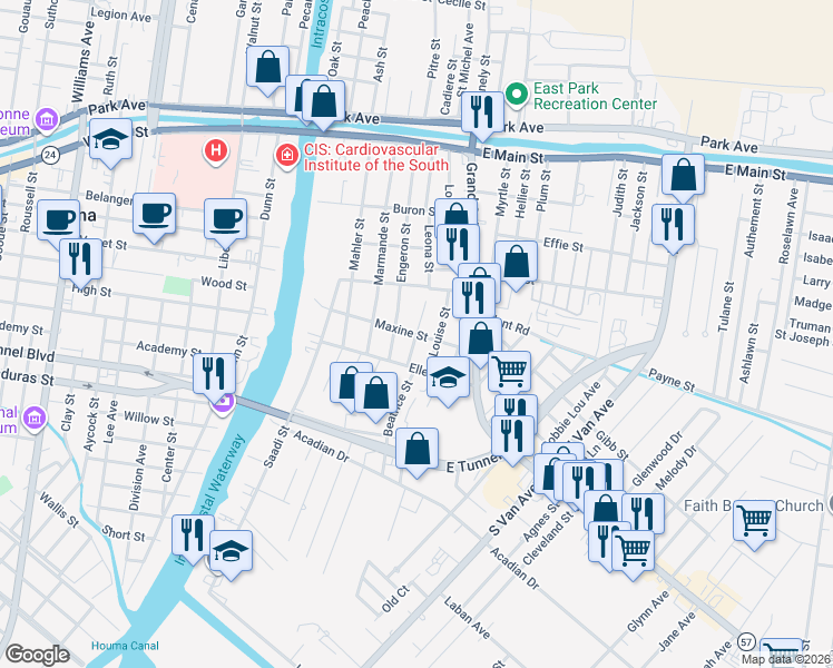 map of restaurants, bars, coffee shops, grocery stores, and more near 1399 Maxine St in Houma