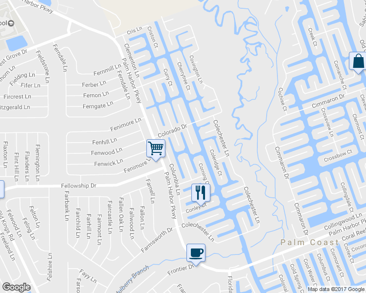 map of restaurants, bars, coffee shops, grocery stores, and more near 17 Colonia Court in Palm Coast