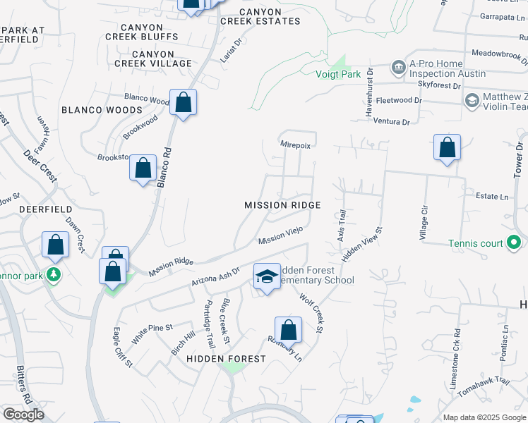 map of restaurants, bars, coffee shops, grocery stores, and more near 16007 Mission Ridge in San Antonio