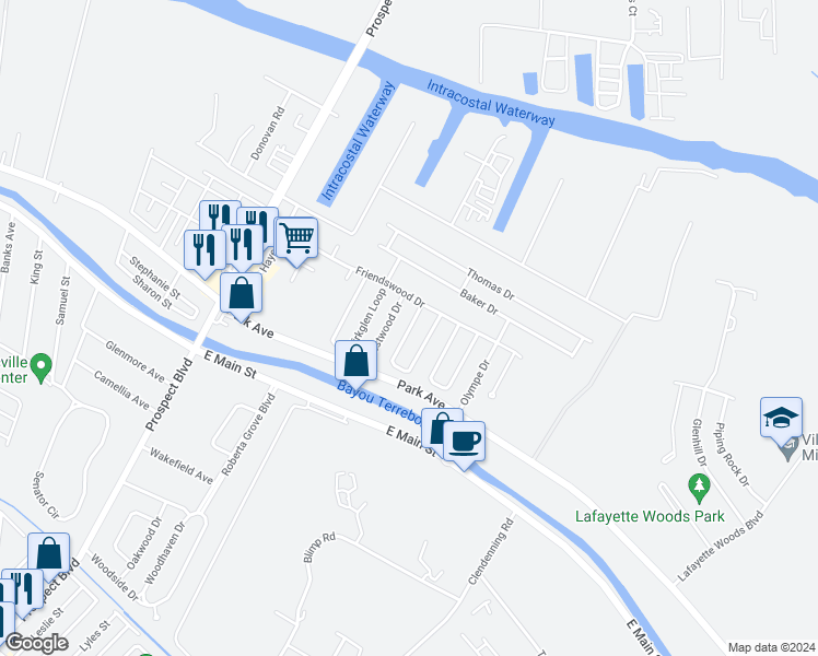 map of restaurants, bars, coffee shops, grocery stores, and more near 57 Kingsridge Loop in Houma