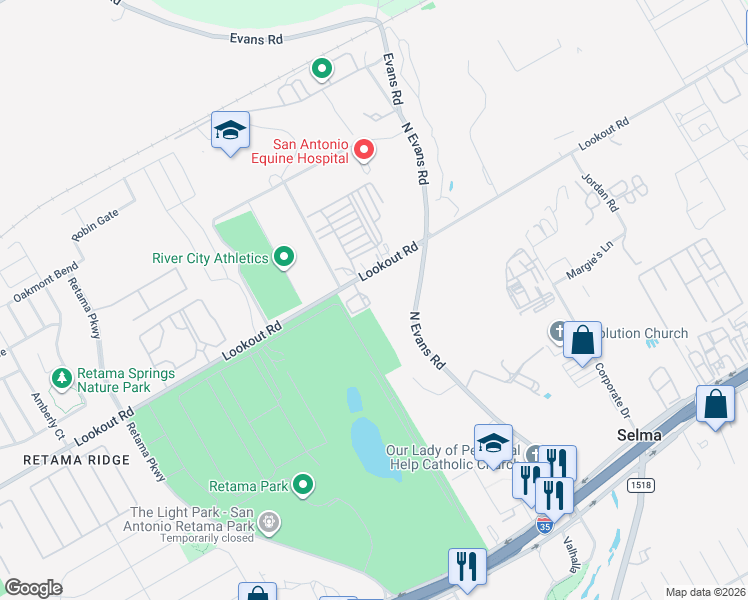 map of restaurants, bars, coffee shops, grocery stores, and more near 16800 Lookout Road in Selma